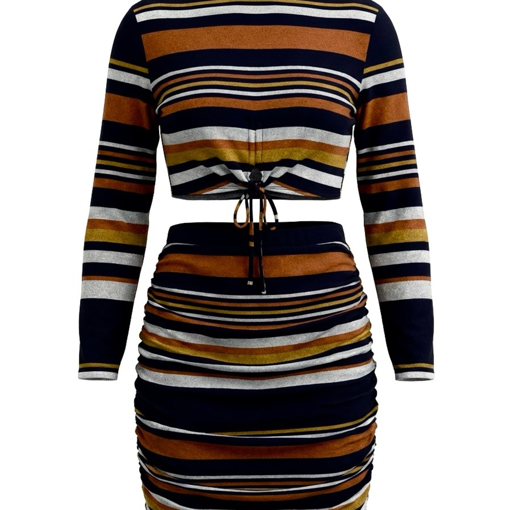 Fashion Orange & Blue Multicolor Striped Skirt Set